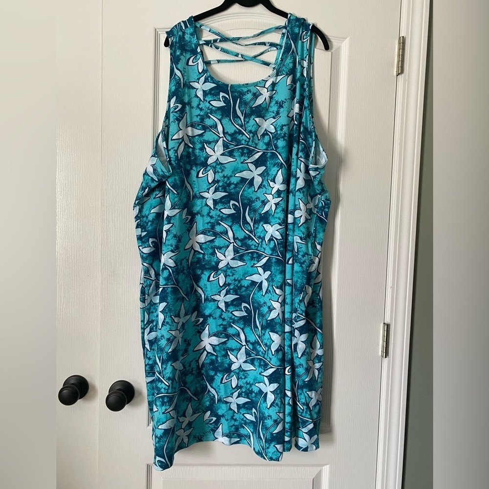 Denim and Co. Floral Sleeveless Dress in Turquoise and White Size 5X